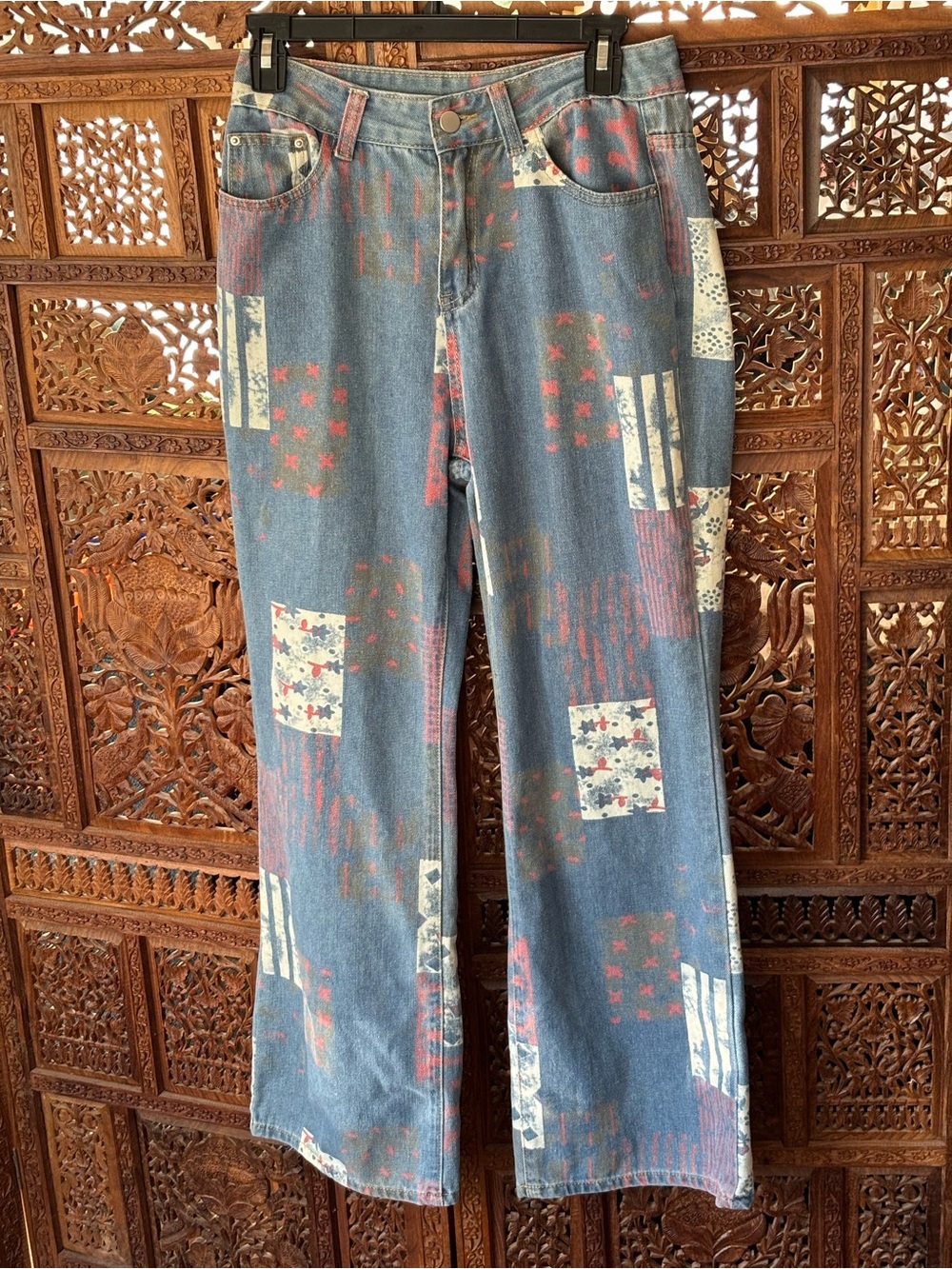 Blue Patch-Print Women’s Jeans - Casual Straight Leg